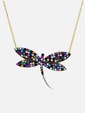 Aqua gold plated sterling Dragonfly Necklace with Multicolor Stones